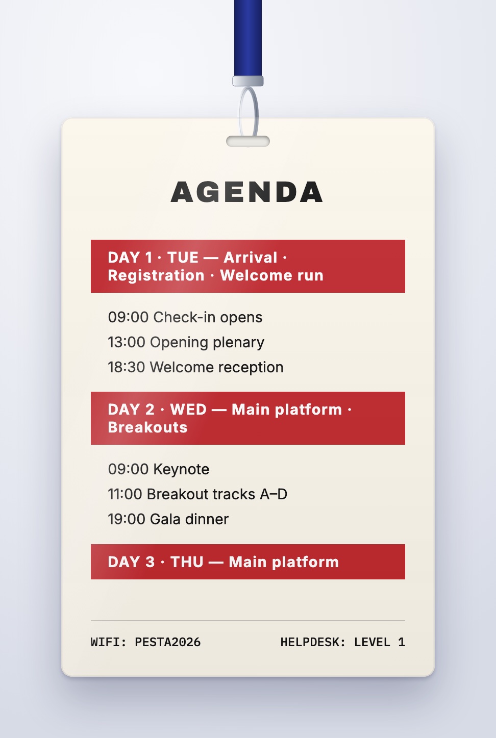 Back of an event badge printed with a three-day agenda, wifi and helpdesk details