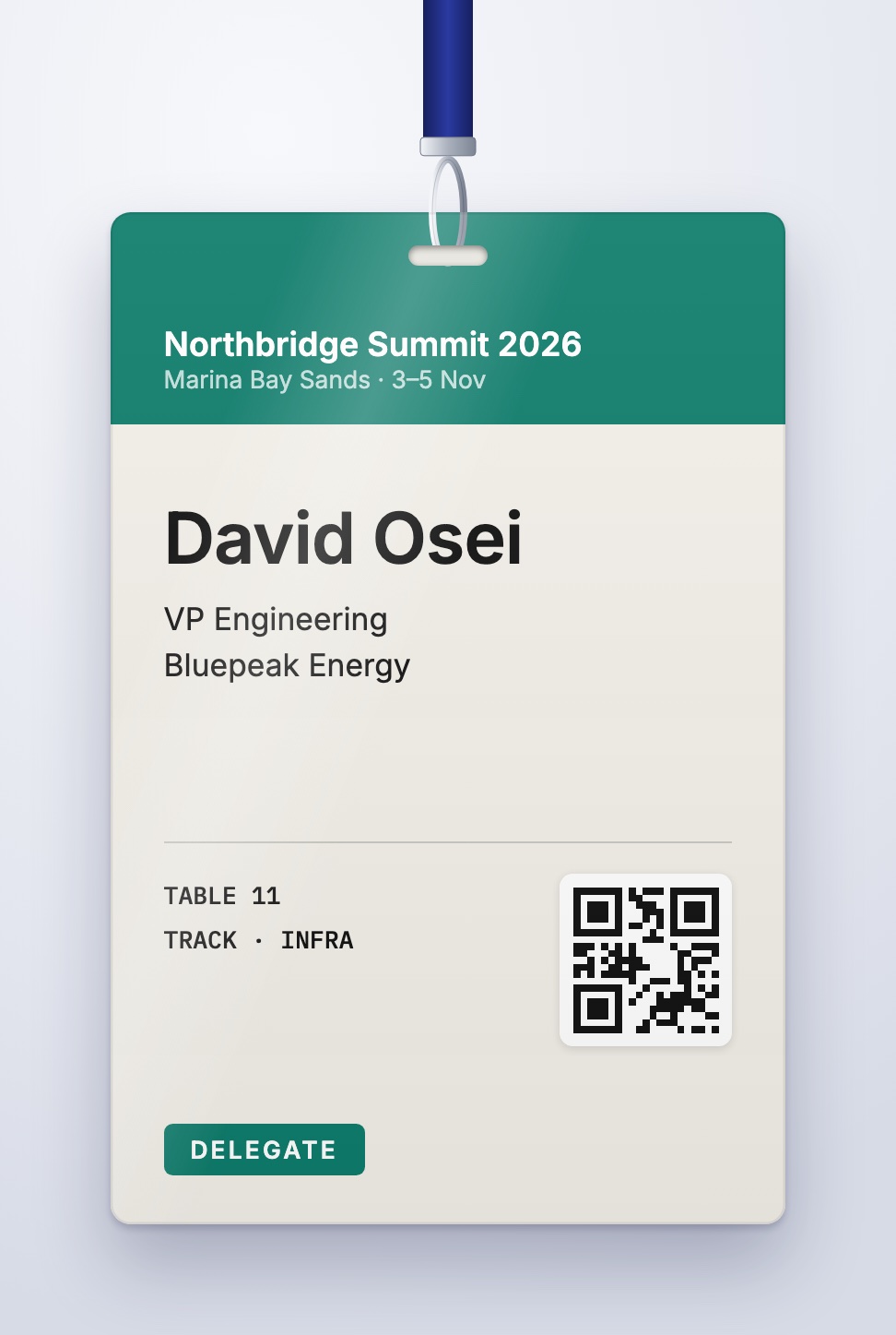 Clean corporate conference badge design with a green header, name, company, table number and QR code, on a lanyard