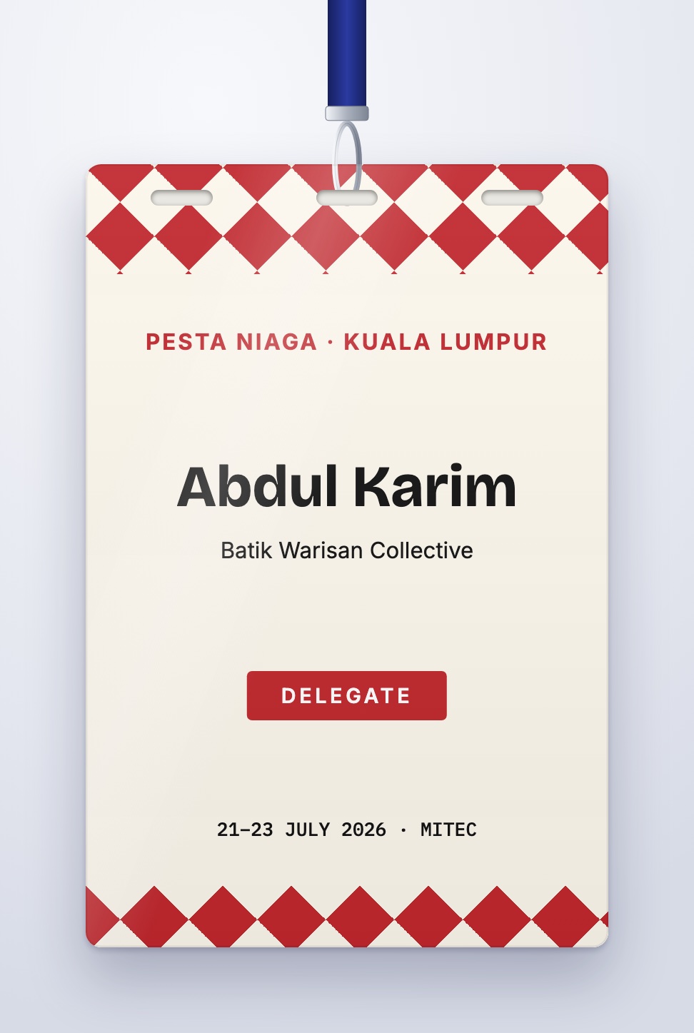 Decorative event badge design with red diamond motif bands and a centred delegate name, on a lanyard