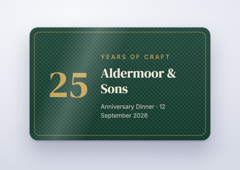 Premium fabric sticker badge in deep green and gold for a 25th anniversary dinner