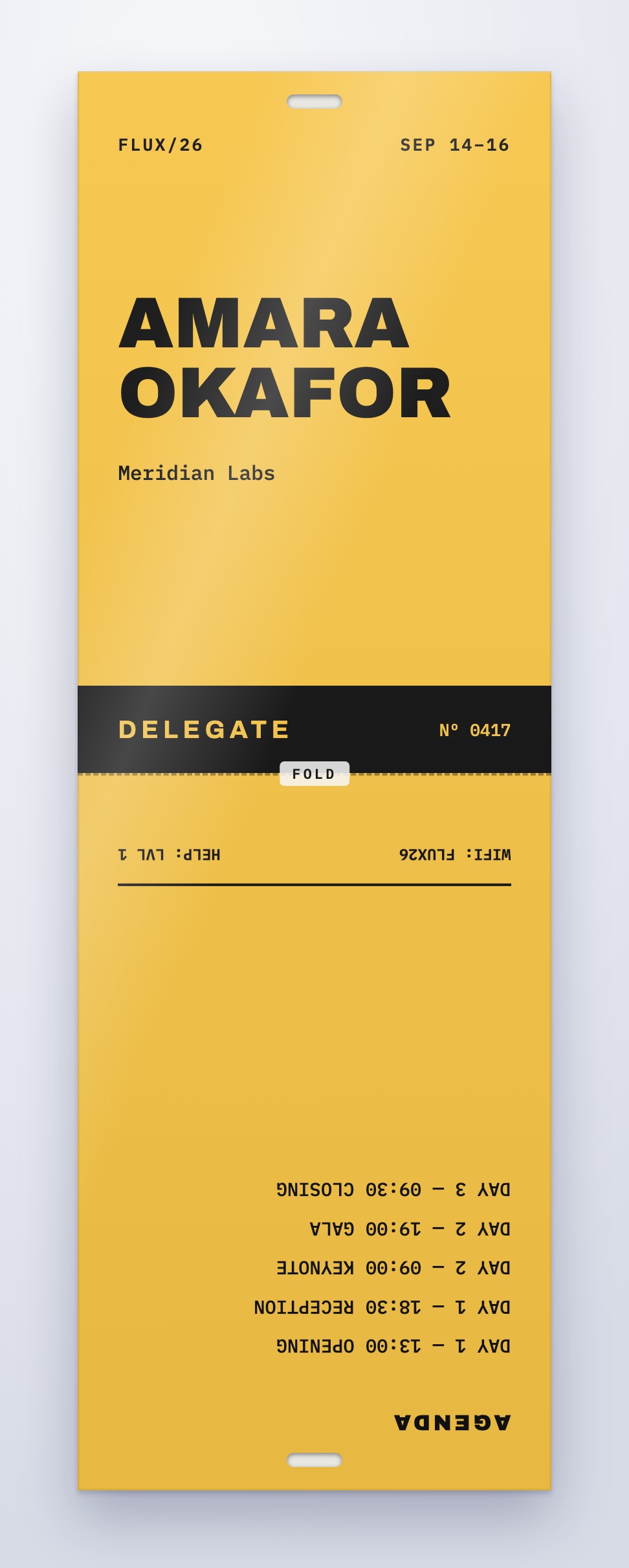 Foldable 4 × 12 inch event badge design shown flat, with the delegate name on the front and the agenda on the back panel