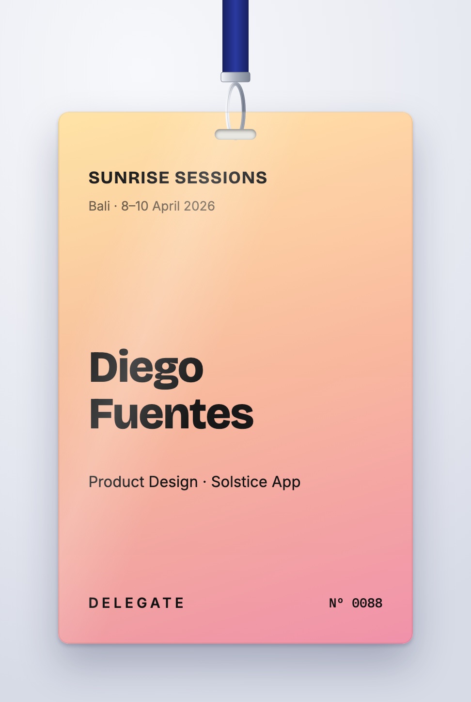 Gradient event badge design in soft peach and pink with the attendee name and role, on a lanyard