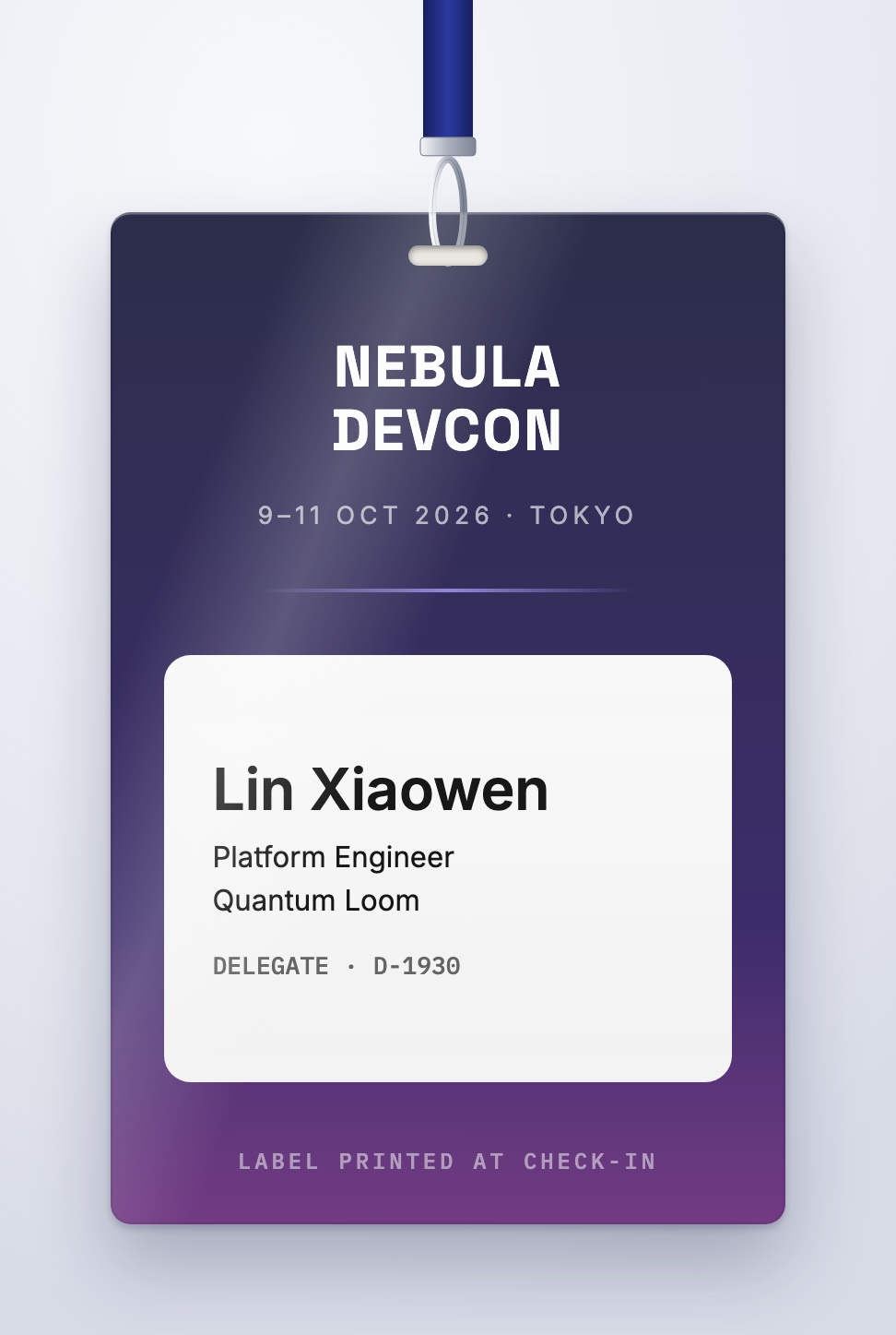 Print-window badge design: dark purple pre-printed badge with a white panel for the name label printed at check-in