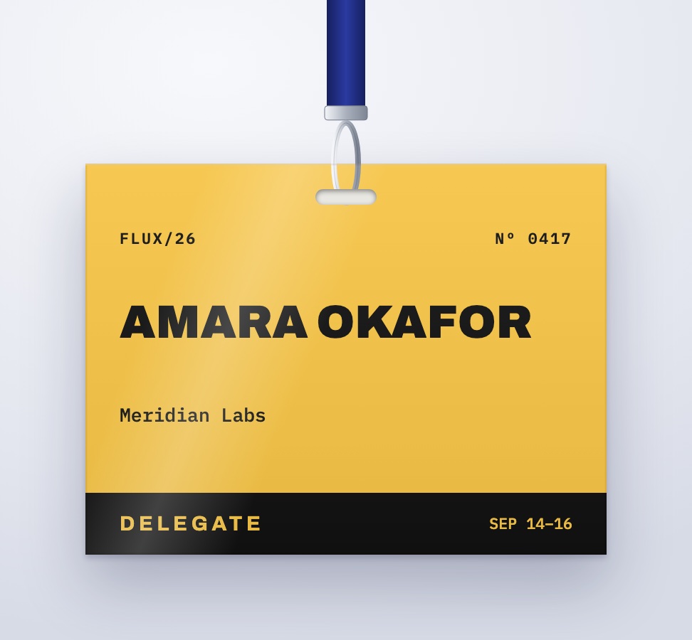 Small landscape 4 × 3 inch event badge design in yellow with the delegate name, on a lanyard