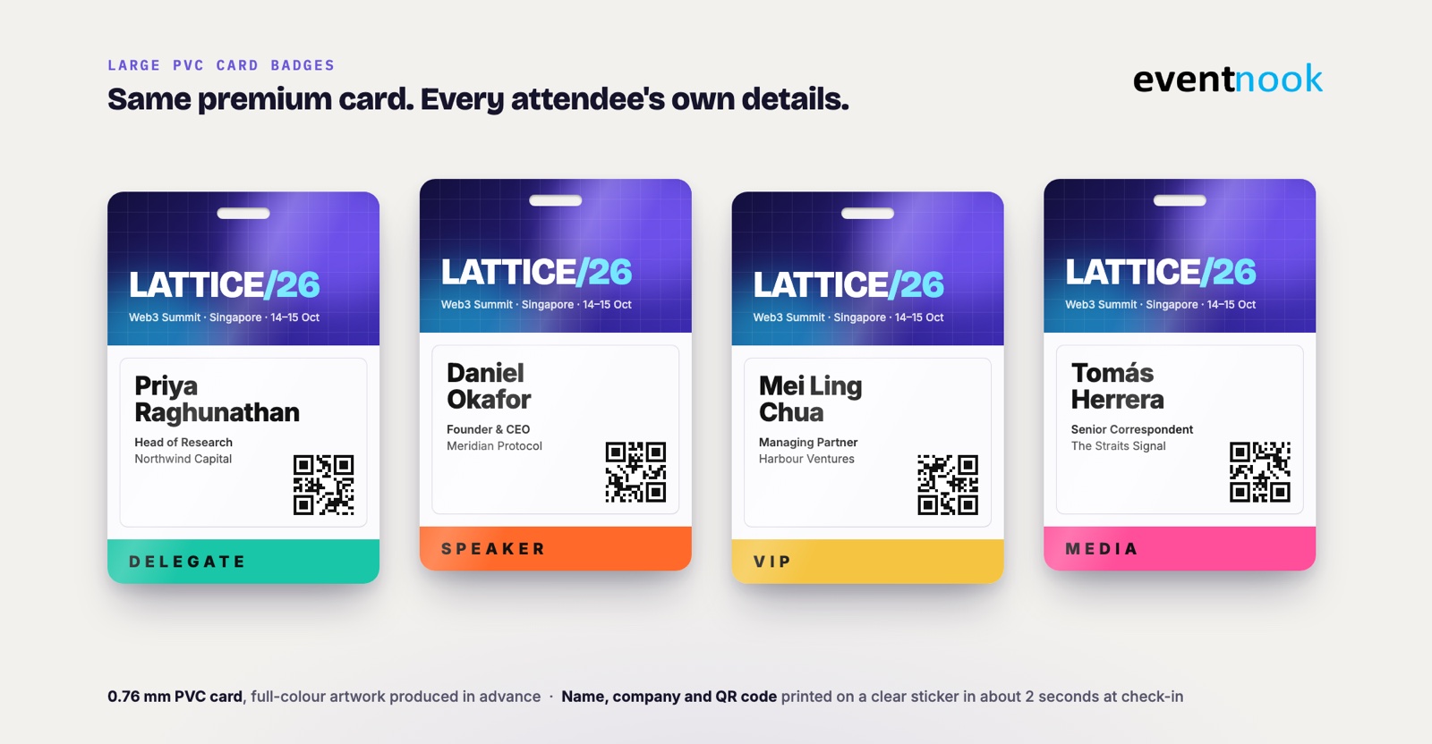 Four large PVC card badges sharing the same event artwork, each with a different attendee's name, company and QR code on a clear sticker, and Delegate, Speaker, VIP and Media colour bands