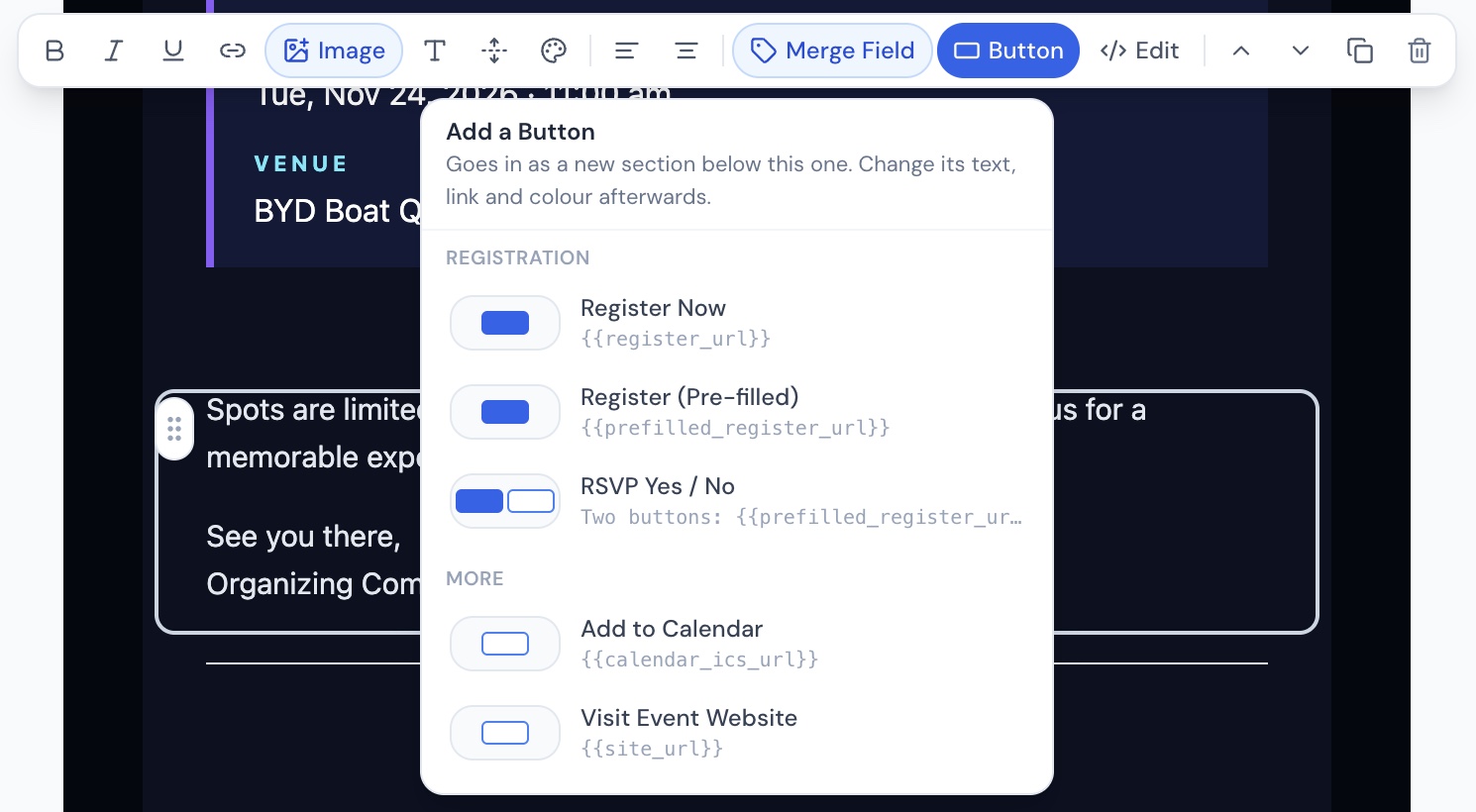Add a Button menu in the Contact CRM email builder with Register Now, Register (Pre-filled), RSVP Yes / No, Add to Calendar and Visit Event Website buttons