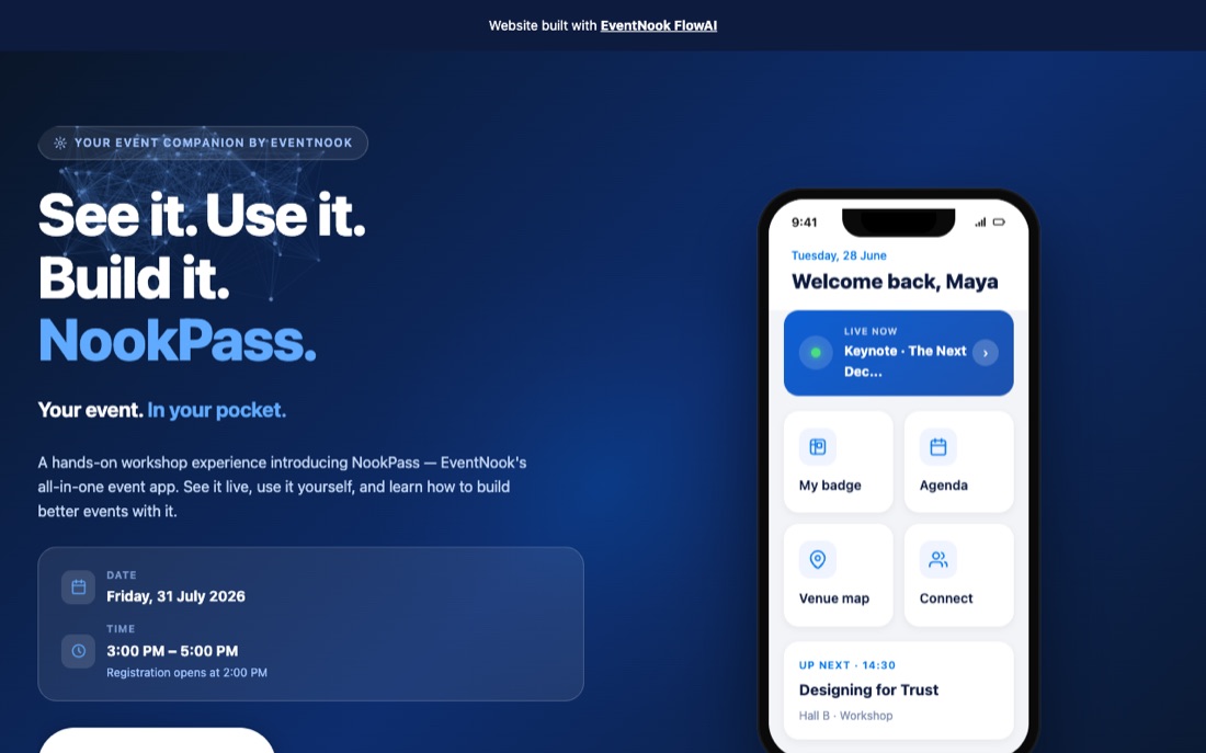 NookPass workshop event website built with EventNook FlowAI